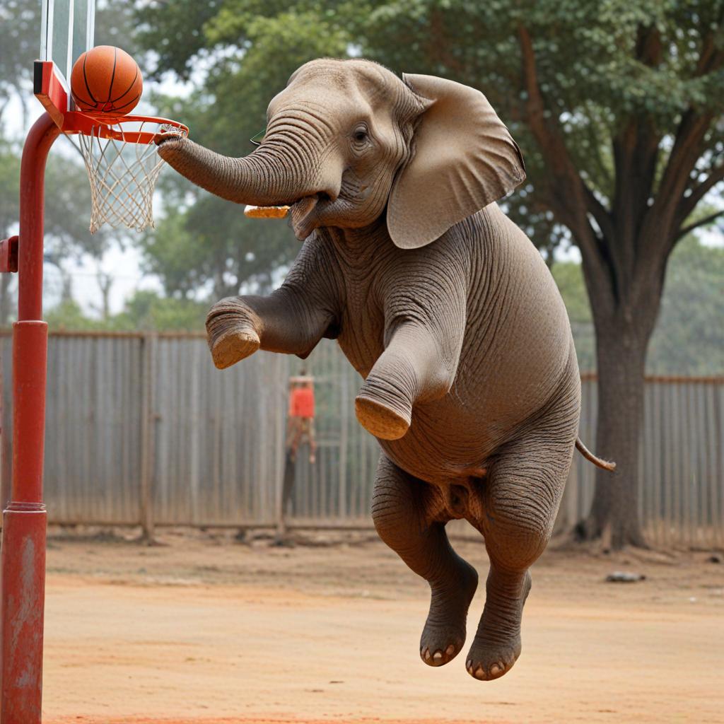 elephants can't jump. Here's an imaginary picture of an elephant jumping to dunk a ball.