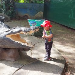 my son in front of a crocodile statue of lolong in davao crocodile park
