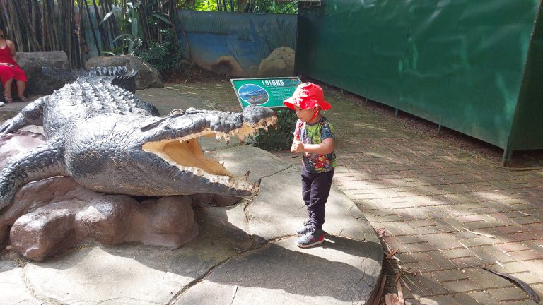 my son in front of a crocodile statue of lolong in davao crocodile park
